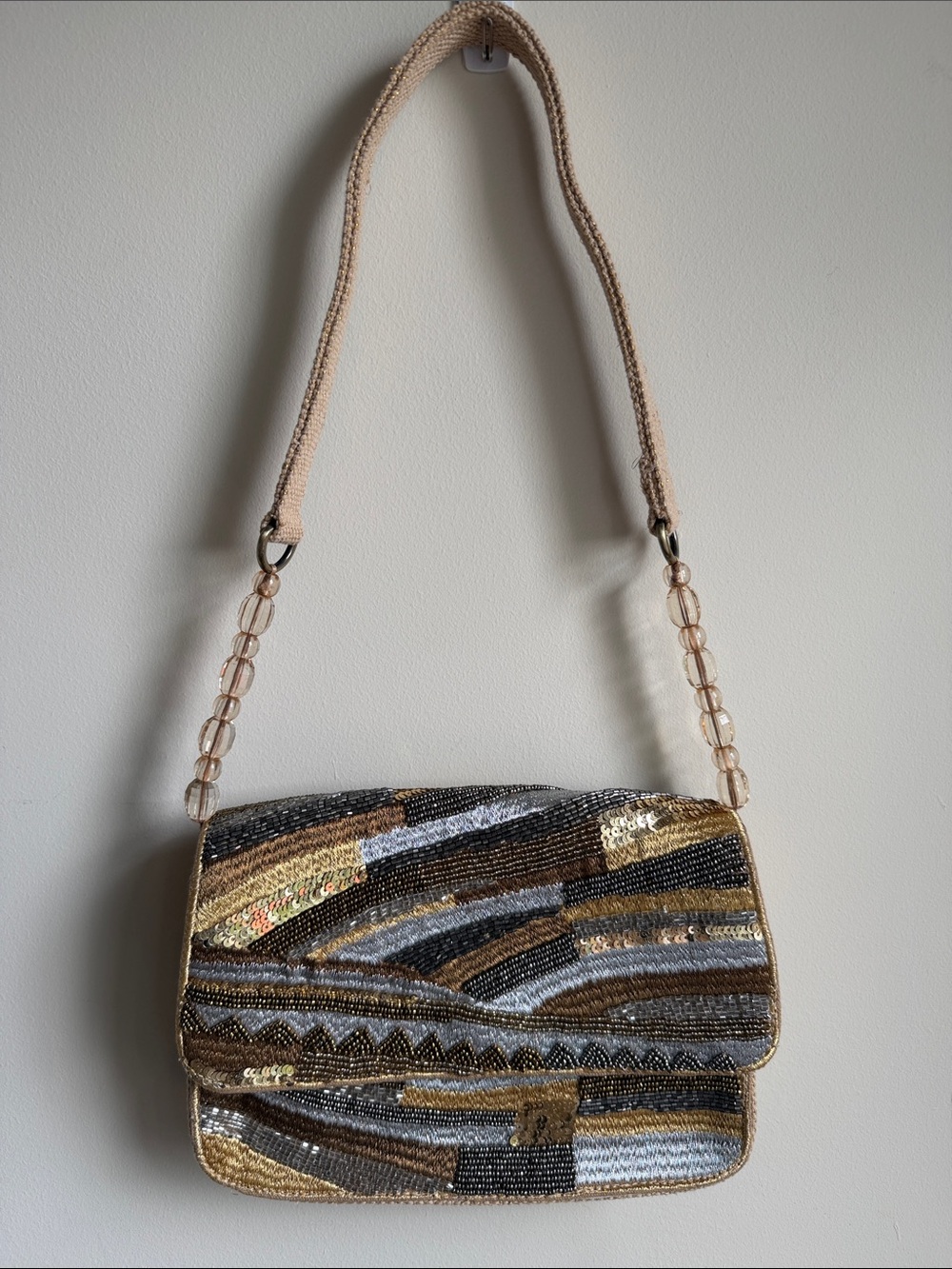 America & Beyond Sequin Beaded Metallic Linen Mini Shoulder Purse